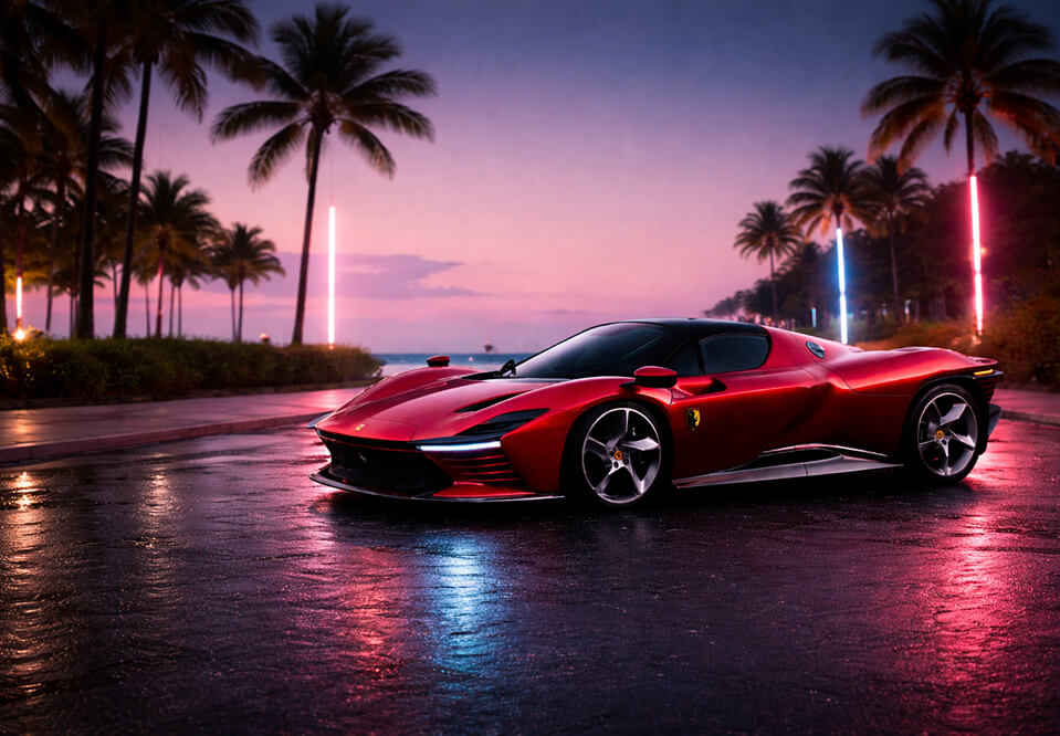 Red Ferrari sports car parked on a wet street at dusk, with neon-lit palm trees in the background.