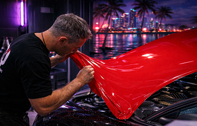 Man applying bright red vinyl wrap to a car hood in a dim workshop with neon lighting and a cityscape backdrop