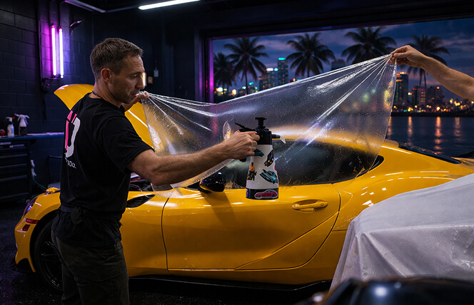 Man applying clear protective wrap to a bright yellow sports car inside a dim garage, holding the film taut over the hood.