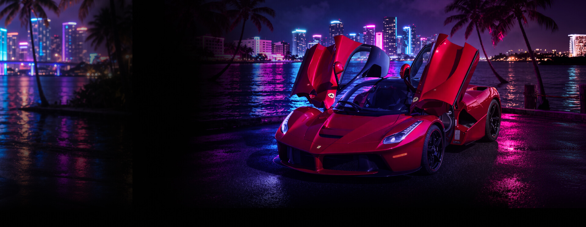 Red Ferrari with butterfly doors open parked by a neon-lit waterfront at night, city skyline in background