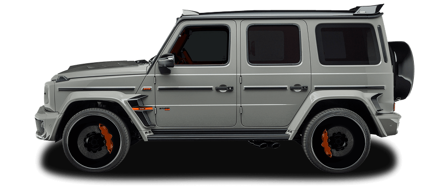 Side view of a silver Mercedes-Benz G-Class SUV with black wheels against a black background.