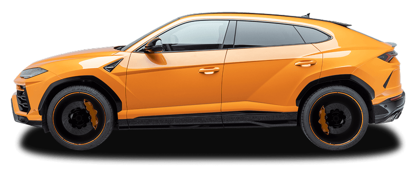 Side view of a bright orange crossover SUV against a black background, showcasing its sleek profile and wheels.